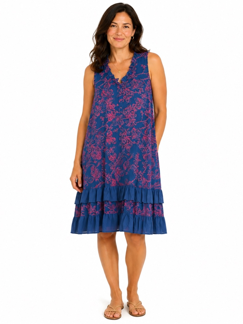 Sleeveless Navy Blue Dress with Pink Floral Print